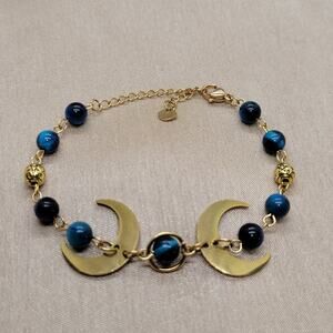 Blue tigers eye & crescent moon with star beads, stainless steel chain, handmade